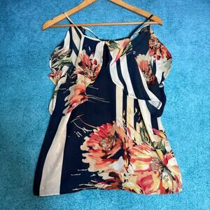 Lily Rose Womens Floral Stripe Ruffle Blouse Size M Navy White Flowy Sleeves Top